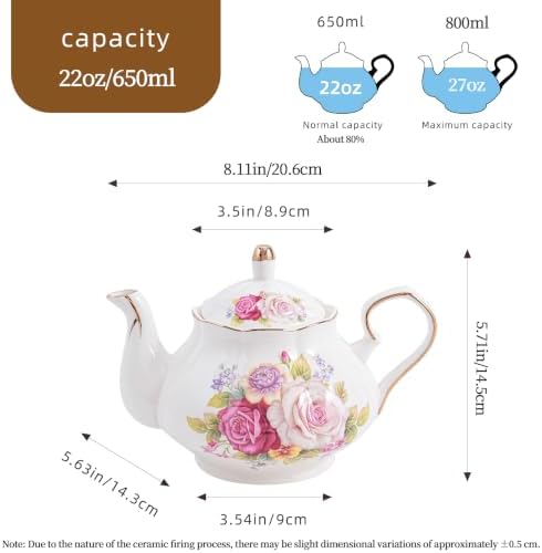 Agyiuns Flower Ceramic Teapot,22oz Porcelain Tea pot for Tea Coffee Milk for Office Home Men Women as Gift (Rose) - Image 2