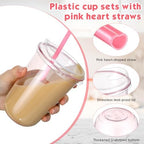 Ziliny 50 Sets Plastic Cups with Pink Heart Straws and Lids, Pink, 16 oz - Image 4