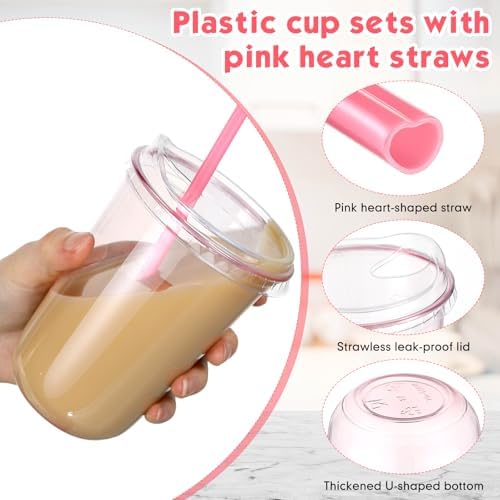 Ziliny 50 Sets Plastic Cups with Pink Heart Straws and Lids, Pink, 16 oz - Image 4