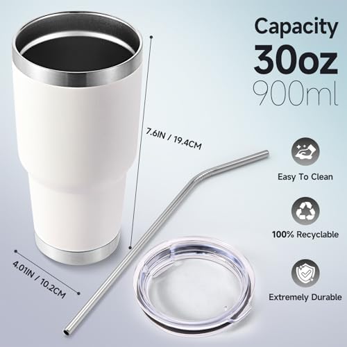 Volhoply 30oz Insulated Tumbler with Lid and Straw, Double Wall Inner & Outer 304 Stainless Steel Tumblers Bulk, Powder Coated Coffee Cup for Office, Home, Travel (White,8 Pack) - Image 2