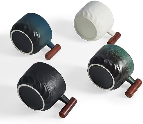 6oz Ceramic Espresso Cups with Wooden Handle, Small Coffee Cups for Latte Cappuccino, Tea Cups Set of 4 - Image 5