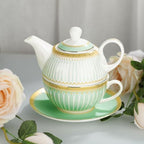 fanquare Tea for One with Gold Trim, Green Teapot Set for Adults, Ceramic Coffee Cup with Saucer, Classic Stripes - Image 3