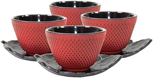We pay your sales tax 4 Sado Black Leaf Teacup Saucer+4 Red Polka Dot Hobnail Japanese Cast Iron Tea Cup Teacup by Unknown