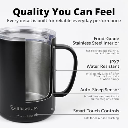Brewbliss Temperature Control Smart Mug, 14 Oz, App-Controlled & Self-Heating Coffee Mug with 90 Min Battery Life, 1°F Precise Temperature Control Mug Warmer, Gift for Christmas & Birthdays - Black - Image 2