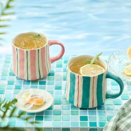 Striped Ceramic Coffee Mugs Set of 2, Pink and Green Stackable Stoneware Mugs for Morning Coffee, Tea & Cocoa, 12oz Dishwasher & Microwave Safe Mug Gift Set for Home & Office - Image 5