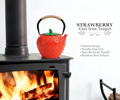 VICSKY Strawberry Cast Iron Teapot (Red) - Japanese Tetsubin Tea Kettle 50oz/1500ml | Enameled Interior & Extended Infuser for Loose Leaf and Tea Bags | Stovetop Safe | Cute Sweet Holiday - Image 4