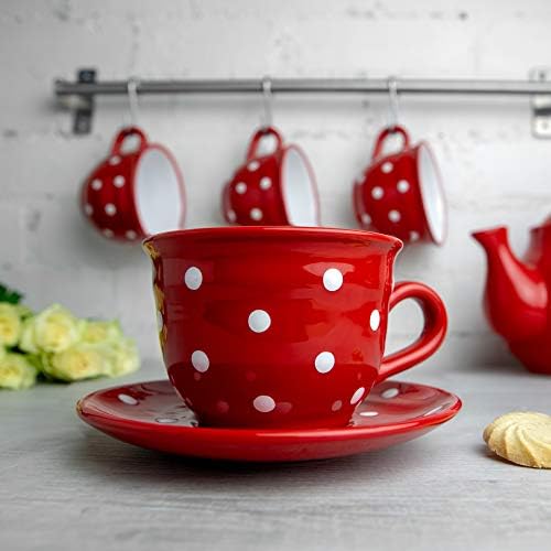 City to Cottage Handmade Red and White Polka Dot Large Ceramic 12oz/350ml Cappuccino Coffee Tea Cup and Saucer, Unique Designer Pottery Gift for Tea Lovers - Image 2