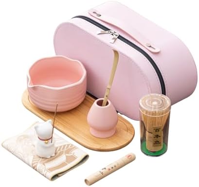 Matcha Whisk Set, Zen Travel Ceremony Kit with Cat Figurine & Incense, 9-Piece Portable Set with Bowl, Bamboo Whisk & Bag (N) by Unknown