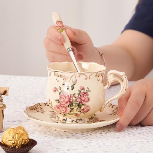 YOLIFE Tea Cups and Saucers Set of 6, 8 OZ Flowering Shrubs(with Gift Box) - Image 3