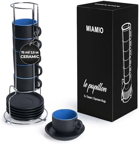 MIAMIO - Espresso Cup Set Ceramic (2.5oz) with saucers-Le Papillon (Blue) by MIAMIO
