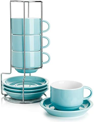 Sweese 8 Ounce Porcelain Stackable Cappuccino Cups with Saucers and Metal Stand - for Specialty Coffee Drinks, Cappuccino, Latte, Americano and Tea - Set of 4, Turquoise by Sweese