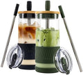 Pandaloo® Glass Cups With Lids and Straws -20 Fl Oz- Perfect Size Iced Coffee Cup - Smoothie Cup With Bamboo Lid and On the go Lid - (2 Count (Pack of 1), Black Saphir-Mediterranean Olive) by Pandaloo