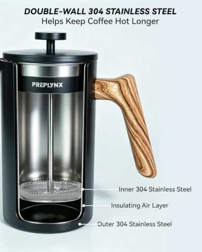 Stainless Steel French Press Coffee Maker, Double Wall Vacuum Insulated Coffee Press with Heat-Resistant Black Coated Exterior, 34oz/1L, Durable Coffee Press for Hot & Cold Brew - Image 3