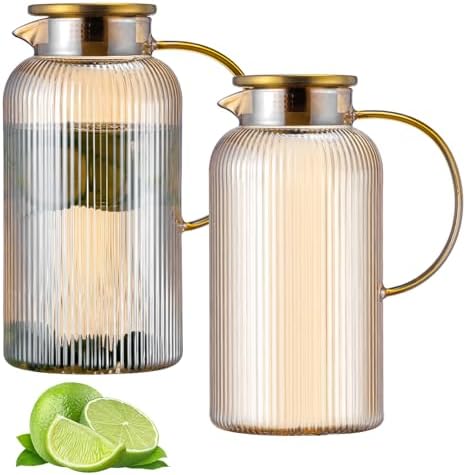 Buaic 2 PACK Glass Pitcher with Lid, 68 oz/ 2L Amber Glass Water Pitcher by Buaic