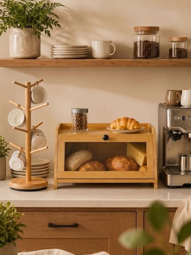 Bread Box for Kitchen Countertop With Top Shelf for Fruit,1 Tier, Natural - Image 2