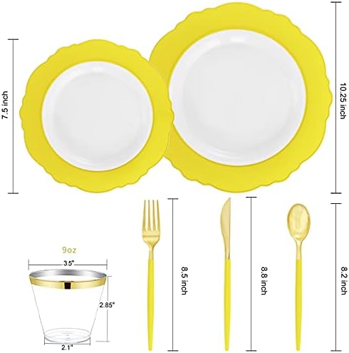WDF 150pieces Yellow Disposable Dinnerware Hign-end Baroque Design - Sturdy&Durable Baroque Yellow Sunshine&Gold Plastic Dinnerware for Upscale Wedding/Birthday/Party - Image 2