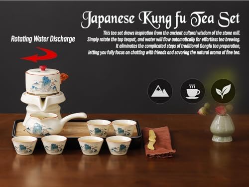 Semi Automatic Tea Set Magic Teapot with 6 cups Japanese Teapot Set,Chinese Gongfu Tea Set Ceramic Teapot with Infuser (Jiangshan-Automatic) - Image 2