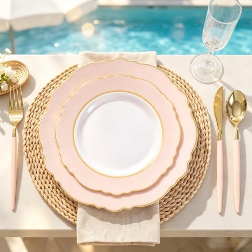 WDF 30Guest Pink Plates Disposable - Hign-end Baroque Design - Gold Plastic Silverware with Handle-Baroque Pink &Gold Plastic Dinnerware for Baby Shower/Wedding/Birthday/Summer Party - Image 2