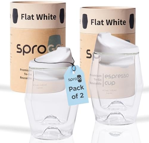 To-Go Espresso Glass Travel Mug with Lid, Reusable Double Wall Glass Tumbler, Fits Most Coffee Makers/Cupholders for Your Car, Gifts for Coffee Lovers, 2-Pack Flat White Cortado Cups by SPROGOTo-GoEspressoCup