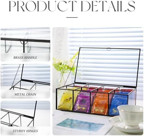 REDHUGO Glass Tea Bag Organizer, 8-Compartment Tea Storage Box, Black - Image 5