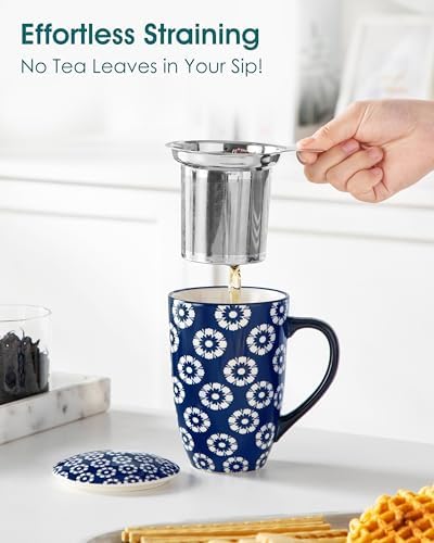 vancasso SELENE Porcelain Tea Mug, 18 oz Porcelain Tea Cup with Infuser and Lid Steeps Loose Leaf Tea, Microwave & Dishwasher Safe, Daisy Cluster - Image 7