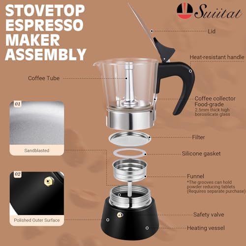 4 Cup 200ml Glass Moka Pot, Stovetop Espresso Maker, Black - Image 2