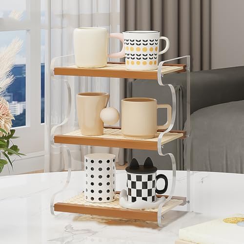 3-Tier Mug Holder Countertop,Wooden Rattan-Look Coffee Station Shelf, Cup Holder Mug Display Rack for Home Kitchen,Brown,12.99" by XXRBB