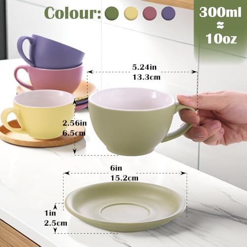 Yundu Matte Color Cappuccino Cups Set of 4-10oz Ceramic Latte Mugs with Saucers, Elegant Espresso Cups for Coffee & Tea - Image 2