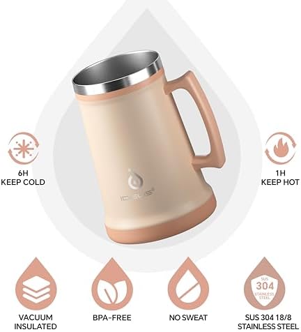Ideus Insulated Beer Stein, 24/34oz Stainless Steel Double Walled Beer Mug Giant Bar Drinkware Metal Beer Cup with Big Grip Handle (Pale Nude, 34 ounces (1,000ml)) - Image 2
