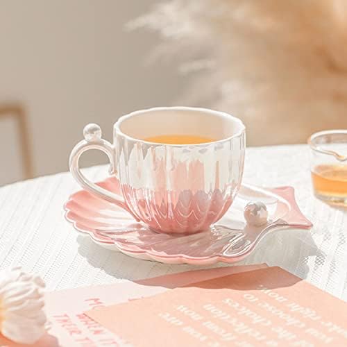 Pearl Shell Cup and Saucer - 8oz Gradient Ceramic Coffee Mug, Vintage Tea, Cappuccino, Latte Art for Birthday Gift (Gradient Pink) - Image 5