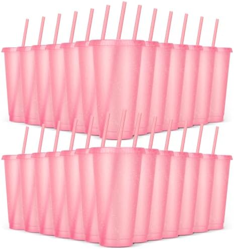 24 Pack Plastic Tumblers with Lids and Straw, Reusable Cups with Lids and Straws Colorful Cups for Cold Drink Iced Coffee, Plastic Tumbler Bulk for Party Birthday Gifts (24 oz, Light Pink) by LEIFEOSH