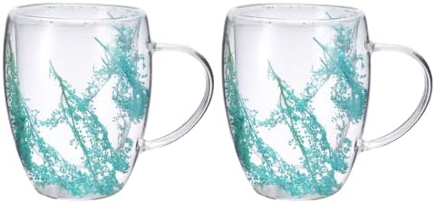 METALLIXITY Flowers Double Wall Glass Coffee Mugs 11.8oz Cyan-Blue 2Pcs by METALLIXITY