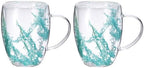 METALLIXITY Flowers Double Wall Glass Coffee Mugs 11.8oz Cyan-Blue 2Pcs by METALLIXITY