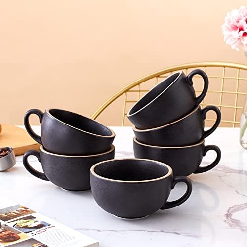 Coffeezone Set of 6 Cups Vintage Design 12 oz Professional Barista Ceramic Latte Art Cappuccino Cups Set (Rough Black * 6) - Image 2