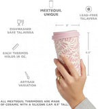 Handcrafted Talavera Ceramic Travel Mug with Silicone Lid, 16 oz, 6.5 Inch Tall, Mexican Embossed Pottery Coffee Tumbler – Artisan Texture & Relief Design (Frosted Rose Quartz) - Image 2