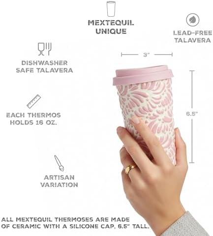 Handcrafted Talavera Ceramic Travel Mug with Silicone Lid, 16 oz, 6.5 Inch Tall, Mexican Embossed Pottery Coffee Tumbler – Artisan Texture & Relief Design (Frosted Rose Quartz) - Image 2