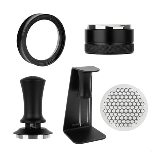 Watchget 5 PCS 53mm Espresso Accessories Kit - Constant Pressure Tamper, Adjustable 3-Blade Distributor, Honeycomb Puck Screen, Magnetic WDT Tool with Stand & Magnetic Dosing Funnel by watchget