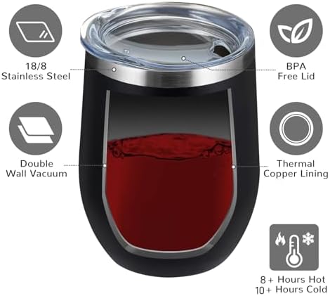 MEWAY 12oz/12 Pack Wine Tumbler Glasses with Lid -Double Wall Vacuum Stainless Steel Travel Tumbler Mug,Stemless Insulated Wine Cup for,Coffee,Cocktails,Gifts (Black,Set of 12) - Image 5