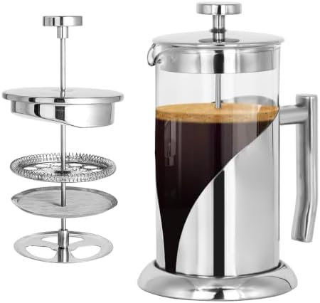 Silver French Press Coffee Maker – 34oz Borosilicate Glass, 4-Level Stainless Steel Filter System (Extra Fine Filtration), Heat & Cold Resistant, Dishwasher Safe – Modern Silver Finish by Unknown
