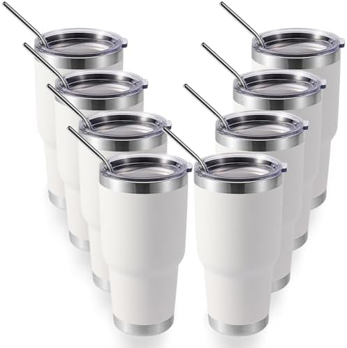 Volhoply 30oz Insulated Tumbler with Lid and Straw, Double Wall Inner & Outer 304 Stainless Steel Tumblers Bulk, Powder Coated Coffee Cup for Office, Home, Travel (White,8 Pack) by LiveFully%EF%BC%8CDrinkFreely%E2%80%94KeepGoingwithVolhoply%EF%BC%81