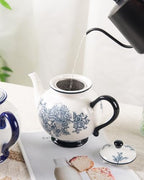 45 Ounce Tea Pot with Infuser, Ceramic Blue and White Teapot - Image 5