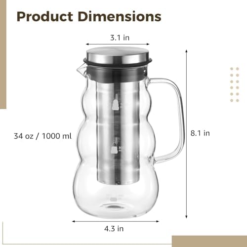 Cold Brew Coffee Maker, 34 oz Borosilicate Glass Cold Brew Pitcher with Stainless Steel Filter and Silicone Sealing Lid, Iced Coffee Maker for Tea, Accurate Markings, Wide Mouth, Easy Pouring - Image 5