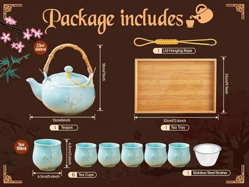 Japanese Tea Set with 1 Teapot(23 oz/660ml), 6 Tea cups(5.3 oz/150ml), 1 Tea Tray, 1 Stainless Infuser, Golden plum blossom relief,Chinese gungFu tea set (Golden plum-Blue) - Image 6