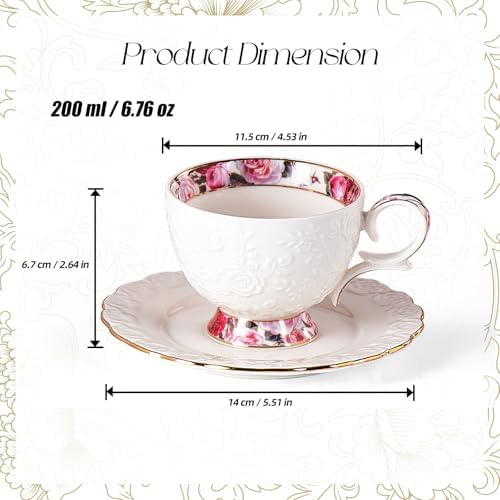 Tea Cups and Saucers Set of 2, 6.4oz Stackable Porcelain Coffee Cup, YFH13 - Image 2