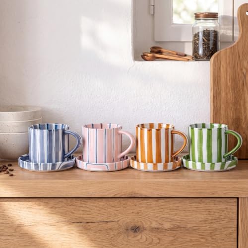 Willinglong 4 Pcs 8 Oz Hand Painted Striped Ceramic Coffee Mug Saucer Set, Retro Cappuccino Cup, Underglaze Safe, Microwave Dishwasher Safe, Gift for Tea Latte Espresso - Image 4