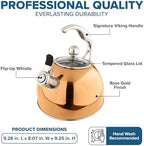 Viking 3-Ply Stainless Steel Tea Kettle, 2.6 Quart Stovetop Hot Water Pot with Tempered Glass Lid, Ergonomic Handle, Induction Ready, Rose Gold - Image 4