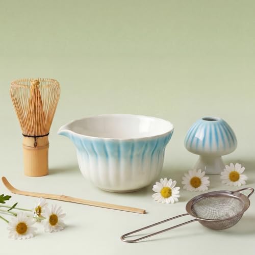 Matcha Set, 5Pcs Ceramic Matcha Set including Daisy Matcha Bowl and Mushroom Whisk Holder, Bamboo Whisk, Scoop, Sifter - Thoughtful Matcha Whisk Set Gift for Matcha Lovers, Blue by KOIMYSA