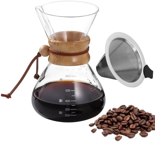 Pour Over Coffee Maker, 20 oz Borosilicate Glass Coffee Pot with Stainless Steel Mesh Strainer and Wood Collar, Heat Safe Carafe for Home, Office, Camping, Hiking by Unknown