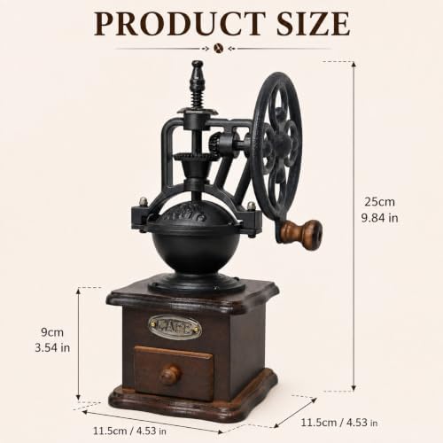 Vintage Manual Coffee Grinder with Cast Iron Ferris Wheel Hand Crank, Wooden Coffee Mill with Ceramic Burr, Adjustable Grind Size for Espresso, French Press, Pour Over, Home Barista Coffee Gift - Image 3