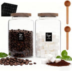 Glass Coffee Jar with Wood Lids Spoon Labels Clear Coffee Ground Canister set of 2,Borosilicate Glass Food Containers for Spice Cookies Sugar Tea Bar (2800ml/94oz-2 pack-with spoon) by OULOVECO